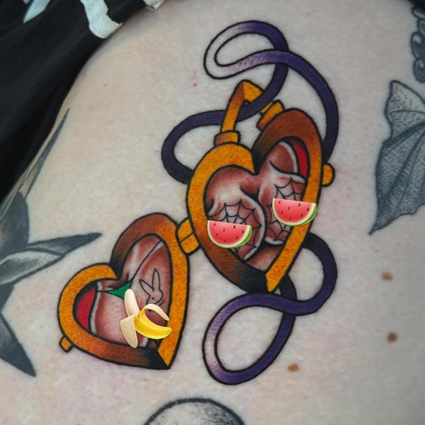 Traditional heart lockets tattoo by @reece_bolt