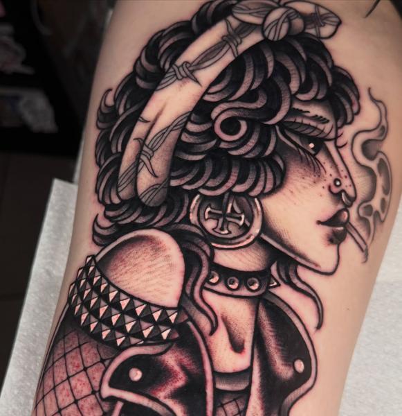 Traditional punk woman tattoo by @reece_bolt