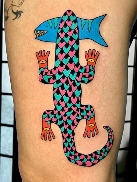 Illustrative lizard shark tattoo by @antistress_tattoo