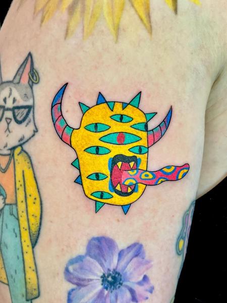 Illustrative cartoon multi-eyed monster tattoo by @antistress_tattoo