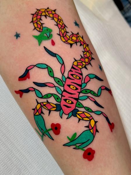 Traditional colorful scorpion tattoo by @antistress_tattoo