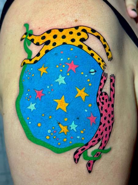Illustrative leopards and stars tattoo by @antistress_tattoo