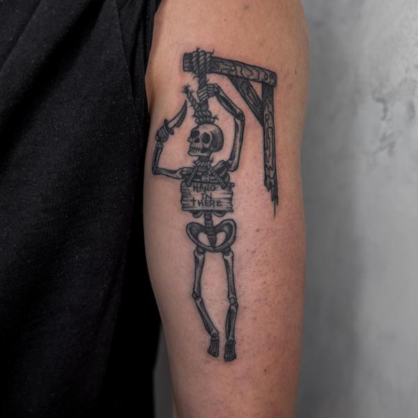 Blackwork skeleton gallows tattoo by @regna.sm_tattooer