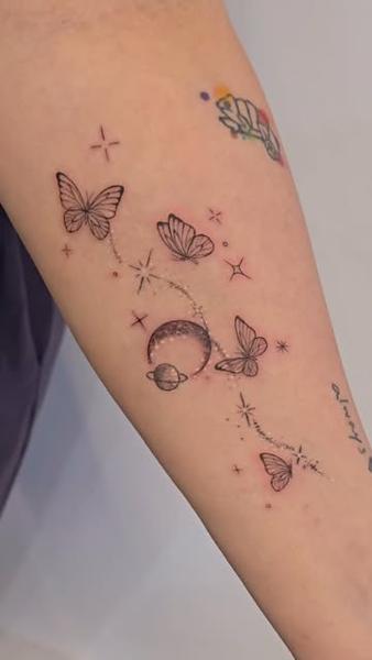 Fine line celestial butterflies tattoo by @tattooist_rimi