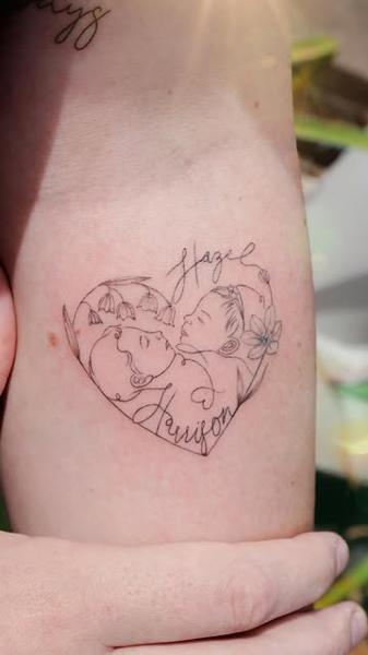 Fine line baby portrait heart tattoo by @tattooist_rimi