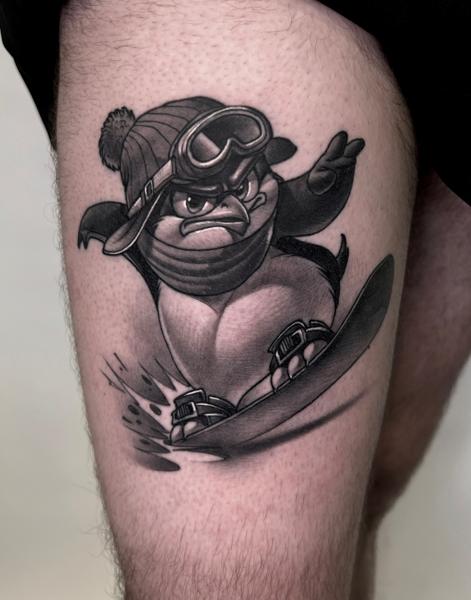Illustrative snowboarding penguin tattoo by @rino__tattoo