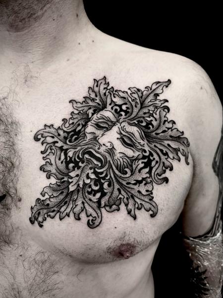 Dotwork green man tattoo by @robert_w_ashby