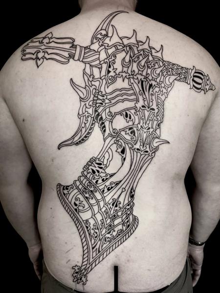 Linework ornate axe tattoo by @robert_w_ashby