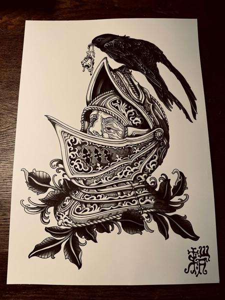 Blackwork ornate helmet tattoo by @robert_w_ashby