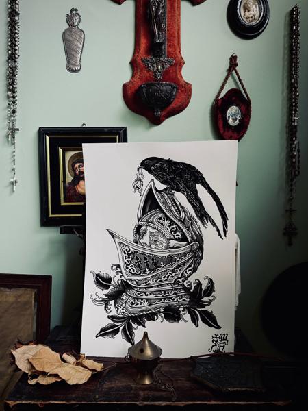 Blackwork ornate helmet tattoo by @robert_w_ashby
