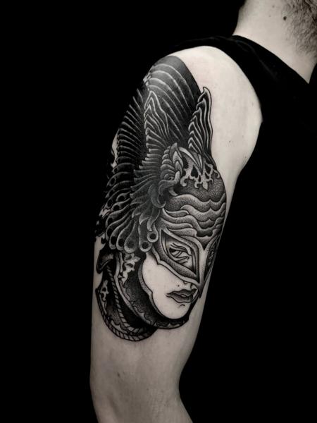 Blackwork ornate helmet tattoo by @robert_w_ashby