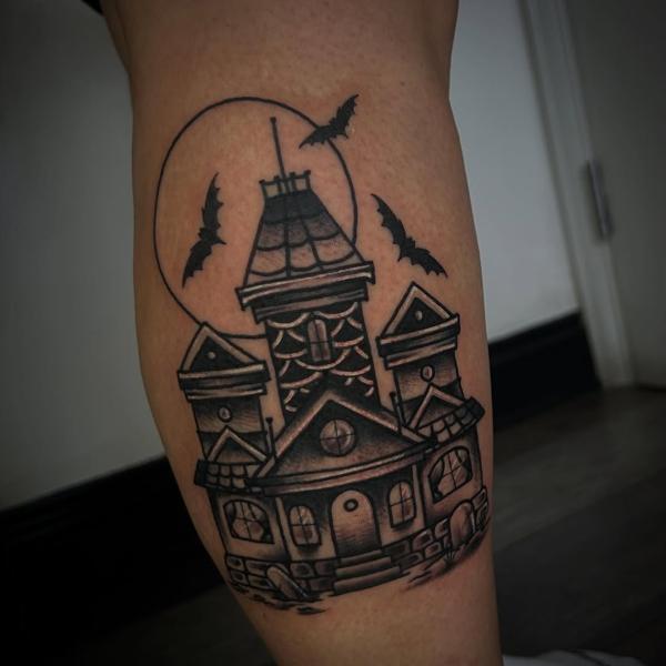 Illustrative haunted house tattoo by @robertcresswell28
