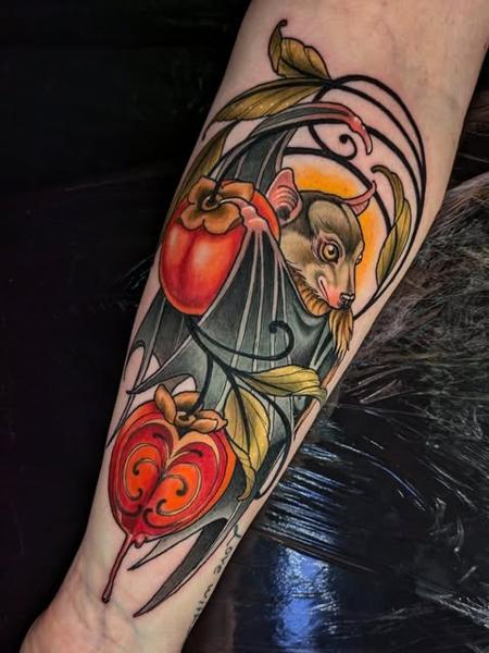 Neo-traditional bat with fruit tattoo by @rocio_todisco