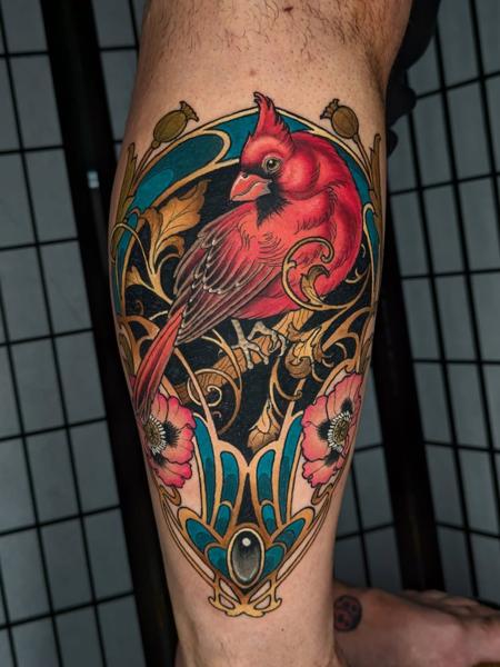 Neo-traditional cardinal bird tattoo by @rocio_todisco