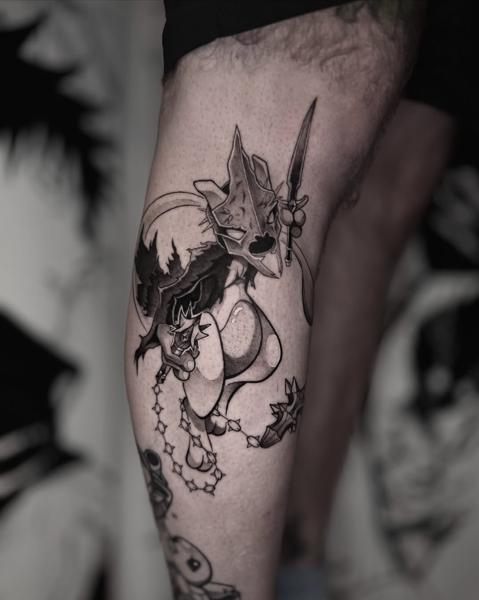 Illustrative armored character tattoo by @romanos.mel