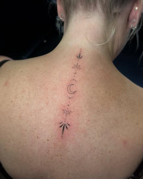 Fine line celestial line tattoo by @rosiemalonetattoos