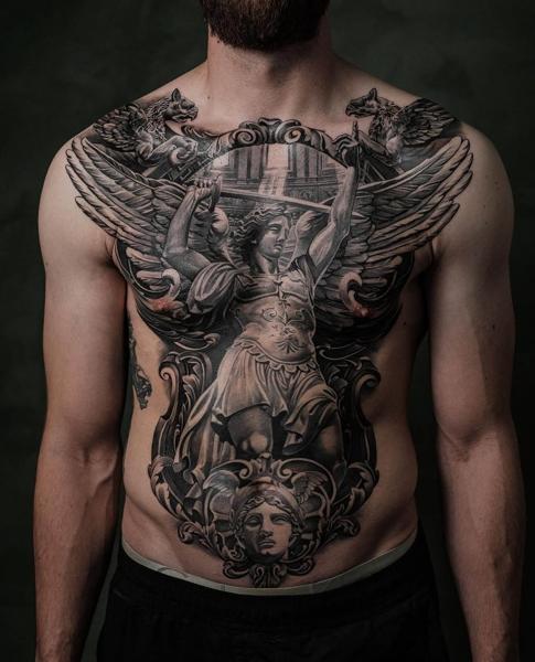 Realism angelic warrior frame tattoo by @rubentattooer