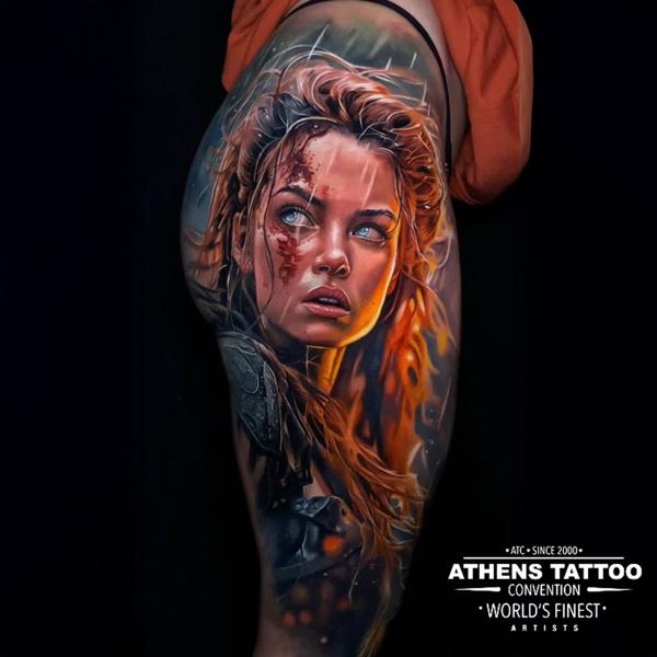 Realism realistic warrior woman tattoo by @sambarbertattoo