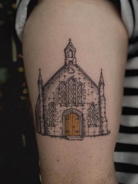 Linework gothic church tattoo by @samclaw