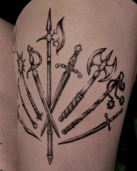 Linework medieval weapons tattoo by @samclaw
