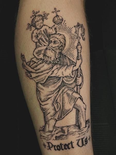 Linework saint christopher tattoo by @samclaw