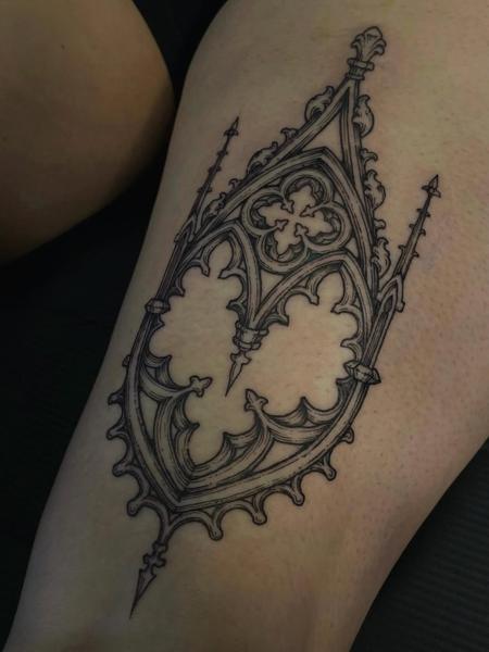Linework gothic window tattoo by @samclaw