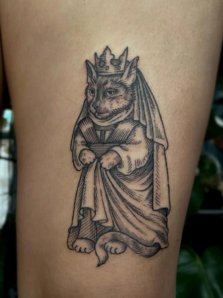 Linework regal cat tattoo by @samclaw