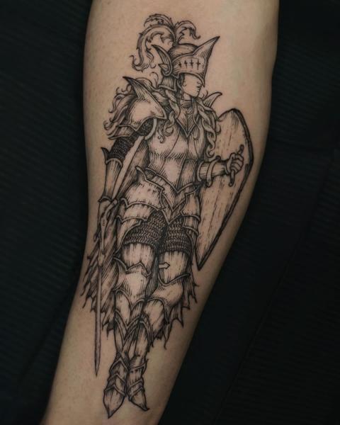 Linework armored knight tattoo by @samclaw