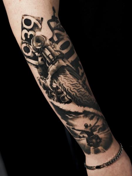 Realism motorcycle scene tattoo by @samjohns.tattoos