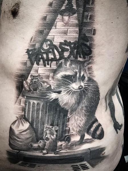 Realism urban raccoons tattoo by @startattooist