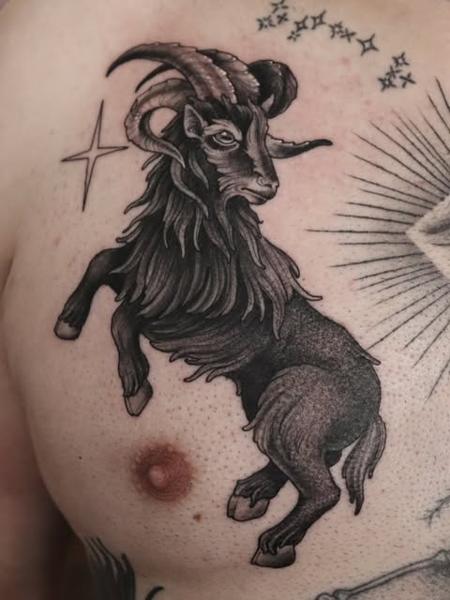 Blackwork goat tattoo by @sammylou_tattoo