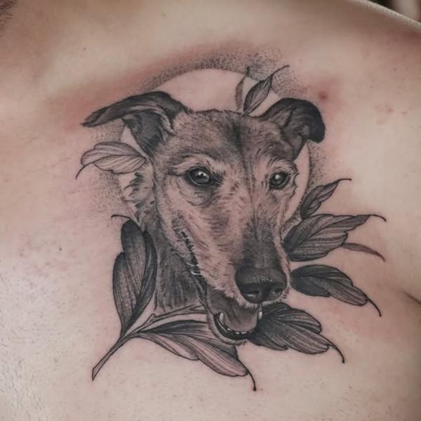 Realism dog portrait tattoo by @sammylou_tattoo