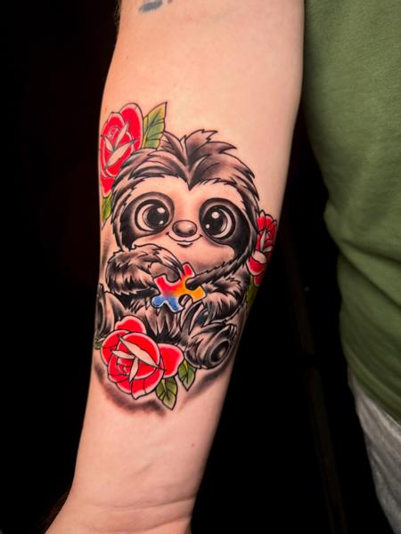 New School sloth with roses tattoo by @sandrosecchin