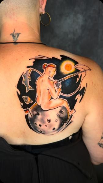 Illustrative astronaut on moon tattoo by @sandrosecchin