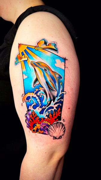 New School dolphin scene tattoo by @sandrosecchin
