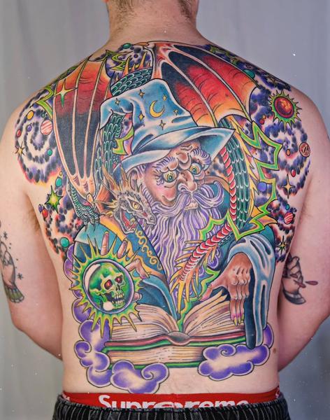 Neo-traditional fantasy wizard dragon fantasy tattoo by @saranna_tattoo