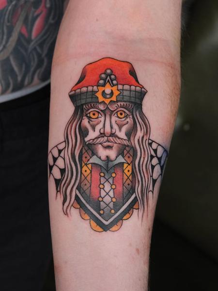 Traditional dracula portrait tattoo by @saranna_tattoo