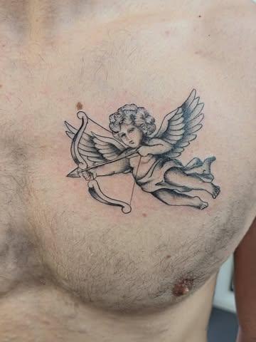 Fine line realism cupid cherub tattoo by @saranna_tattoo
