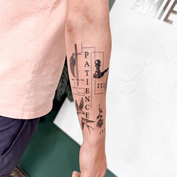 Fine line symbolic collage tattoo by @sasha7tattoos