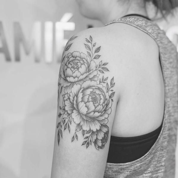 Fine line floral peonies tattoo by @sasha7tattoos