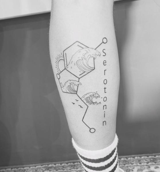 Fine line serotonin molecule tattoo by @sasha7tattoos