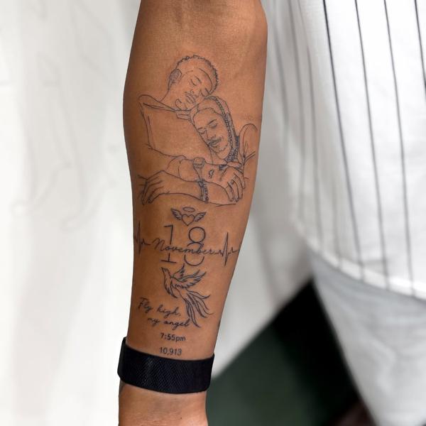 Fine line memorial portrait tattoo by @sasha7tattoos