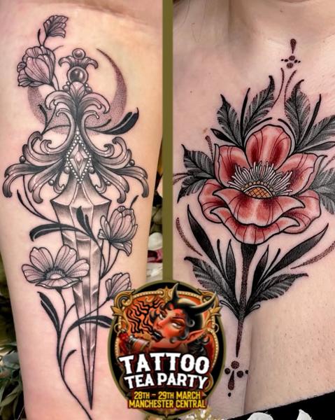 Ornamental floral dagger tattoo by @miss.saskiatattoo