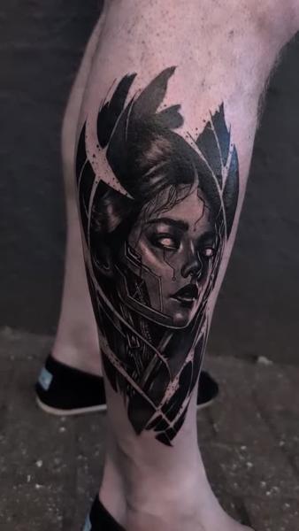 Realism cybernetic woman tattoo by @rayne.tattoos