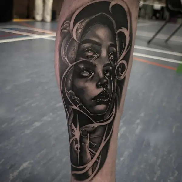 Realism surreal woman tattoo by @rayne.tattoos