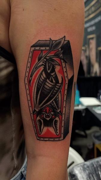 Traditional bat coffin tattoo by @scott_weatherwax