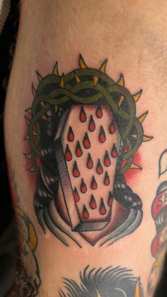 Traditional coffin with thorns tattoo by @scott_weatherwax