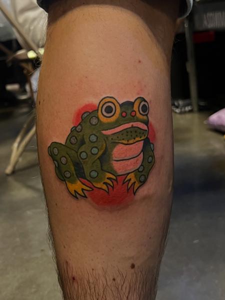 Traditional cartoon frog tattoo by @scott_weatherwax