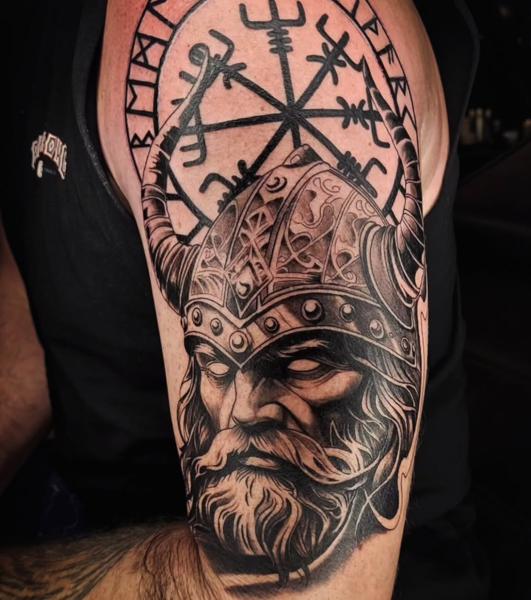 Illustrative viking warrior tattoo by @sean.dwyer.tattoo