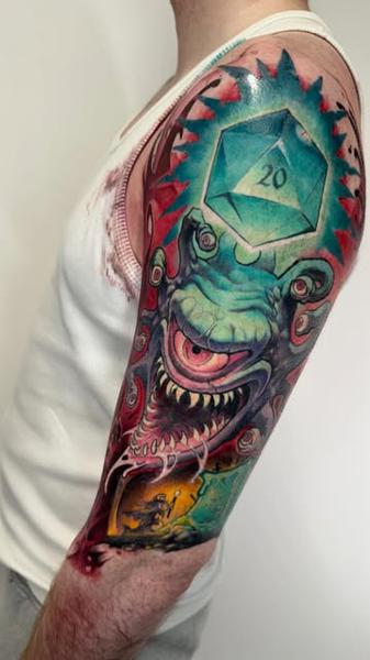 New school monster and dice tattoo by @seannewmantattoo